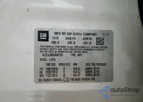 2018 Chevrolet Trax 1Lt z USA, uszkodzony, nr VIN KL7CJLSB3JB587291